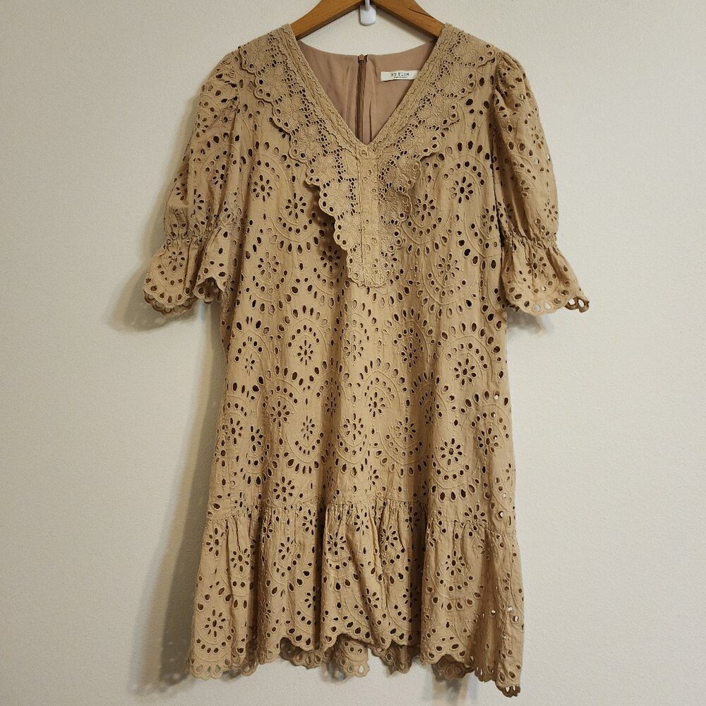 By Flow Mini Dress Eyelet Embroidered Lace Beige V Neck Zip Ruffle Feminine Edgy